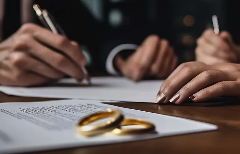 Close-up of two people signing documents with two gold wedding rings resting on the papers.