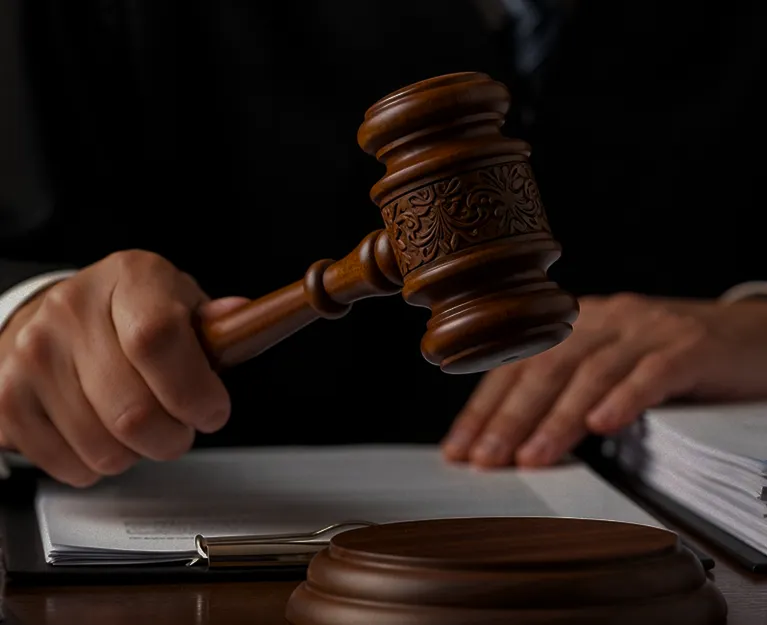Close-up of a hand holding a carved wooden gavel above a sound block on a desk.