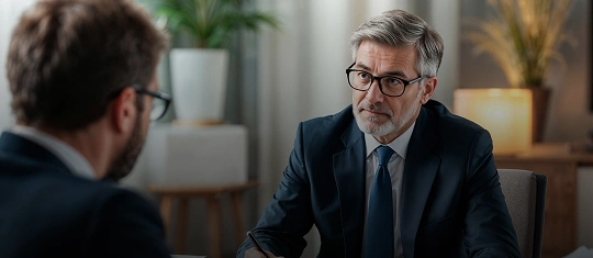 Two professionally dressed men in suits engaged in a serious conversation in an office setting.