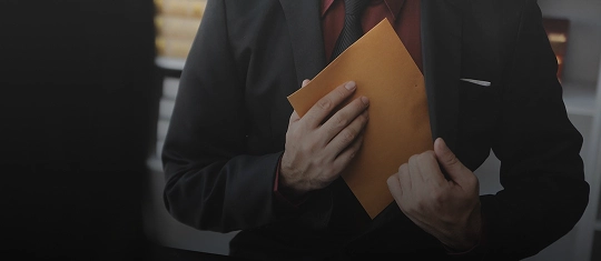 Man in dark suit placing a brown envelope inside his jacket pocket.