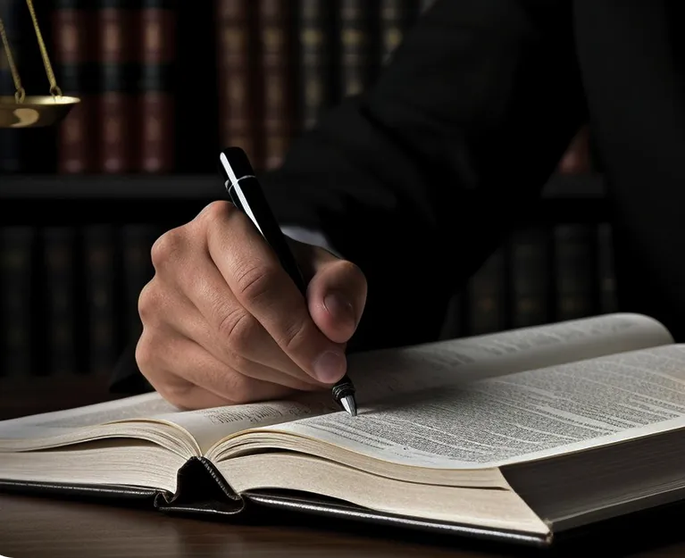 Close-up of a person writing in a large open book with a black pen, bookshelves in background.