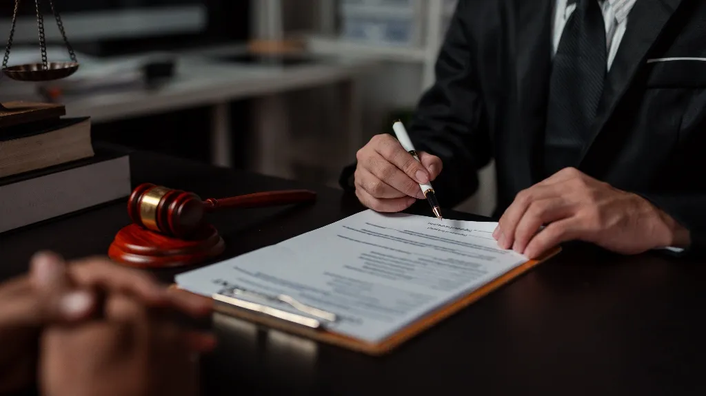 Professional in suit signing legal document at desk with gavel and scales of justice.