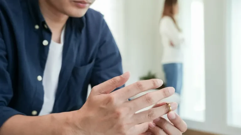 Man in navy shirt removing gold wedding ring, woman blurred in background near window.
