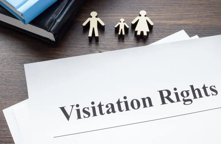 Document titled "Visitation Rights" on wooden surface with wooden family figure cutouts and stacked blue folders.